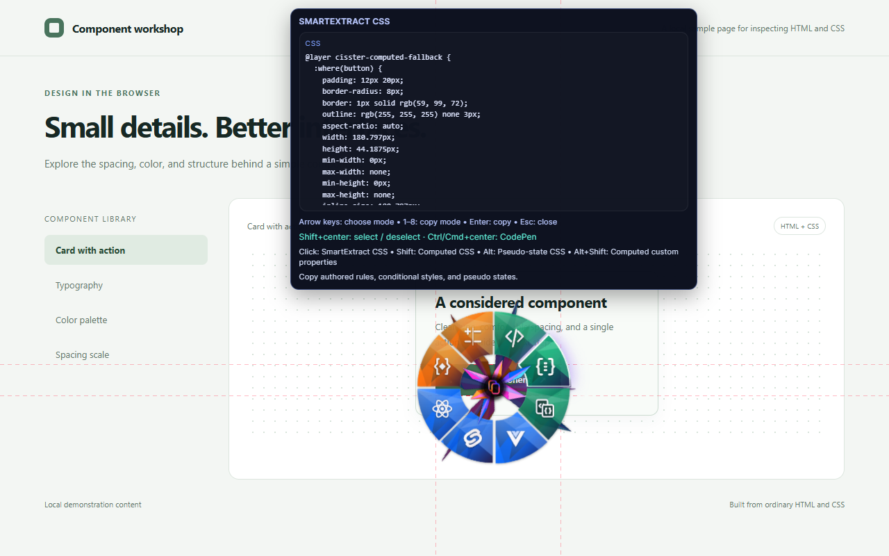 Csster’s radial copy menu and CSS preview for a selected button on the same demonstration page.