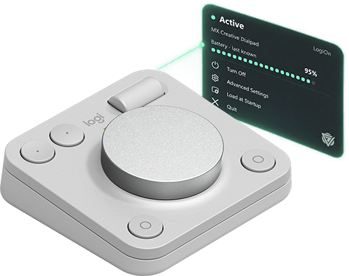 Logitech MX Creative Dialpad beside the LogiOn tray controls showing an active connection.