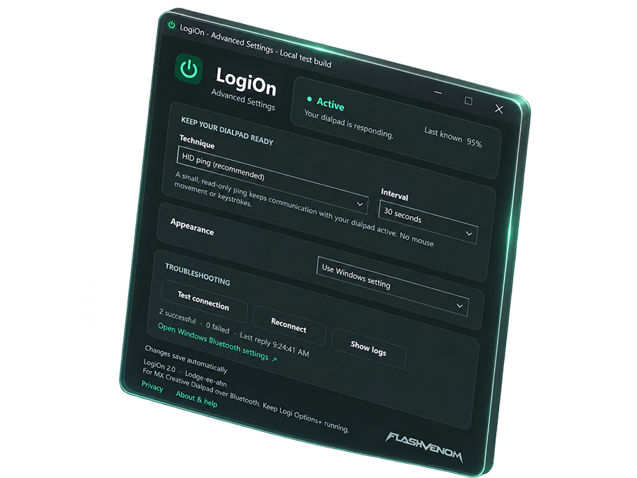 LogiOn Advanced Settings with connection status, ping technique, interval, appearance, and troubleshooting controls.